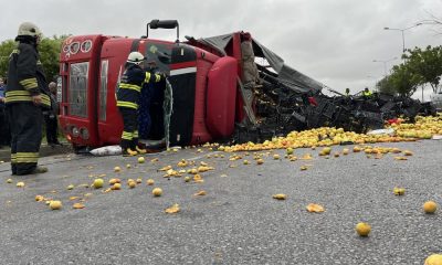 Kaza yapan kamyonun kasasından saçılan meyveleri vatandaşlar topladı