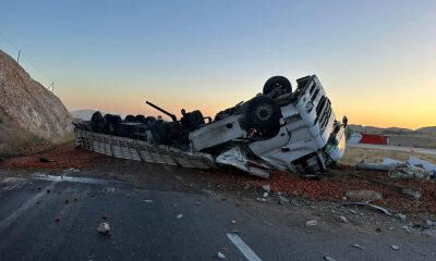 Kontrolden çıkan domates yüklü tır yol ortasına devrildi