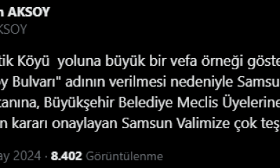 İsmi Samsun’da bulvara verilen Vali Aksoy’dan teşekkür mesajı