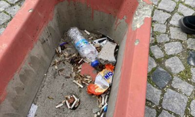 İçerisinde çiçek olması gereken saksının içini çöplerle doldurdular