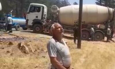 Beton pompası ile yangın söndürmeye katıldı