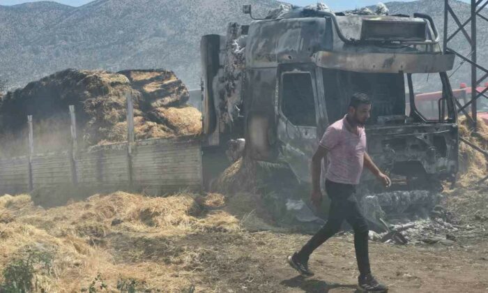 Saman yüklü tır çıkan yangında kül oldu